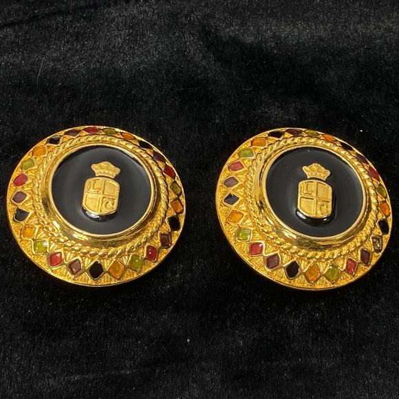 Vintage Liz Claiborne Gold Tone Harlequin Earrings Round Clip-Ons Designer 1.5" - Picture 2 of 9